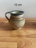Antik kék mázas peremű, csíkos népi cserép csupor / kisméretű bödön - 12 cm