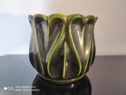 Szecessziós ornamentikájú  zöld kaspó