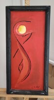 Szép absztrakt festmény ....... János szignóval 34x71 cm kerettel. Kereten kopások.