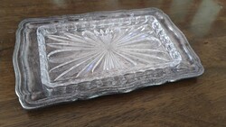 Antik alpaka ezüstözött tálca csiszolt üveg betéttel, patinával – Art Deco stílus 25*1,5 cm