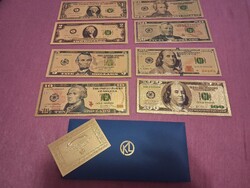 8db 24k USD aranyfólás gyönyörű bankjegy, aranyozott díszborítékban Certificat-tal.