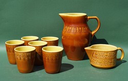 Régi retro Gránit kerámia 6 személyes készlet kancsó pohár tejkiöntő teás készlet népi dekorral