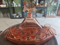 Különleges Art Deco lazac színű konyakos / likőrös készlet – Tálcával, 6 db pohárral, hiánytalan