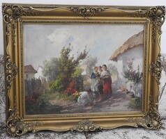 Ács Ágoston Budapest, 1889 - 1947, Budapest olajfestménye - Diskurzus tavasszal a kertben