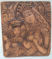 Eredeti! Hibátlan! Kovács Margit (1902-1977) kerámia Madonna a gyermek Jézussal falikép