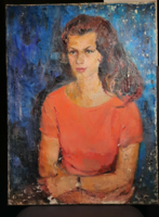 Juhász Erika: Dia (olaj, vászon, 80x60 cm) női portré, modern - restaurálandó, sérült kép