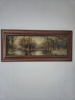 Benda Zoltán: Ártéri erdő – Gyönyörű panoráma olajfestmény (20x60 cm) fa keretben