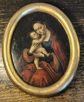 19. századi, fémre festett Mária a kis Jézussal kép, ovális, fa keretben