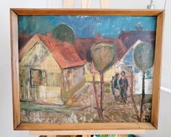 Szignózot falusi életkép (Gál?) festmény  62x51 cm kerettel