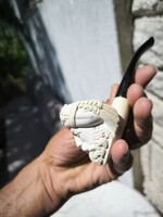 Tajték pipa eredeti dobozában figurális kézzel faragott. Bacchus Vagy Szultán fej