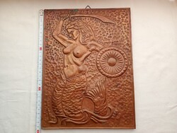 Vörösréz falikép falidísz dombormű kardot és pajzsot tartó sellő Rády 1980 22x29,5x1cm