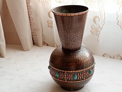 Vörösréz váza türkiz kő berakásos Lignifer Ipari Szövetkezet Muharos Lajos Ø12x21cm
