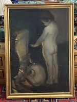 KANDALLÓ ELŐTT ÁLLÓ GYEREKEK - FESTMÉNY EREDETI KERETBEN 104 X 75 CM
