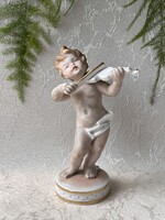 Antik, német részletgazdag Schaubach Kunst porcelán hegedülő puttó figura bájos angyalka nipp