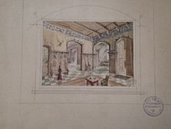 Architectural history rarity, interior design colored watercolor sketch Ray Rezső
