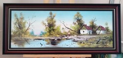 Csóka Lajos szép tájkép tanyával festménye 89x38 cm kerettel