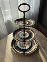Czechlovák gyönyörű 3 emeletes jelenetes kobalt kék porcelán kínáló.