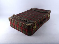 2A662 Régi kék - zöld - piros kockás vászon koffer, bőrönd 60 x 35 cm