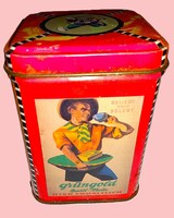 1960's vintage litografált fém lemez TEA DOBOZ 1920-AS REPRO LITOGRÁFIÁKKAL JÓ ÁLLAPOTBA 10X7x7 cm