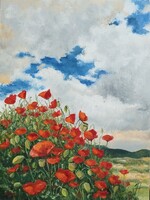 Pipacsmező Halmos Mária (1941-2023) Festőművész képe Szignózott EREDETI
