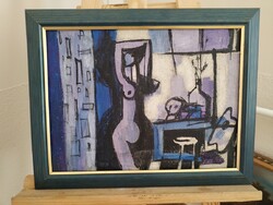 Avantgárd műtermi akt festmény csendélettel 48x38 cm kerettel