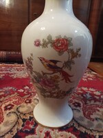 Hollóházi porcelán váza, nagyméretű, madárral és virágokkal