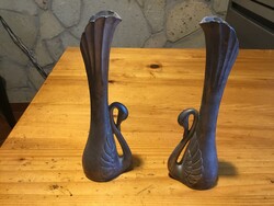 Ezüstözött fém kecses hattyú váza pár, art deco stílusú, 2 db, hagyatékból