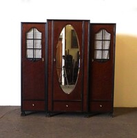 2A702 Antik háromajtós tükrös ruhásszekrény hálószoba szekrény 204 x 199 cm