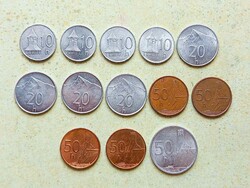 Szlovákia 13 db Különböző Érme 10 20 50 Halierov 1993-2005