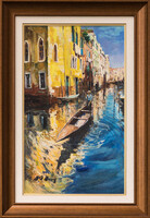 Adilov Alim eredeti olajfestmény 50×30 cm - Velence aranyfényben - Velencei tájkép