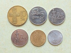 Szlovákia 6 db Különböző Érme 20 Halierov 1 2 5 10 Korona 1993-1995