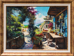 Adilov Alim eredeti olajfestmény 50×70 cm – A nyugalom terasza – Mediterrán tájkép