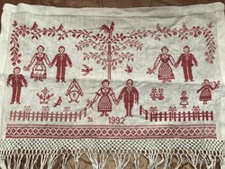 FALVÉDŐ - 1992 év - HÍMZETT - KÉZIMUNKA - 58 x 36 cm + ROJT - 23 cm -  LENVÁSZON - HIBÁTLAN