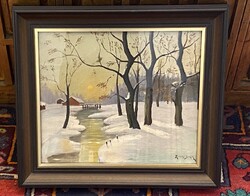 ZILAHI JENŐ, HAVAS TÁJKÉP FESTMÉNY, BARNA FA KERETBEN 52 X 45 CM