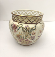 Zsolnay porcelán lilliom mintás, dús festésű áttört kaspó hibátlan