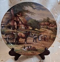 Vidéki jelenetes porcelán falitányér, lovas dísztányér 4 (L5208)