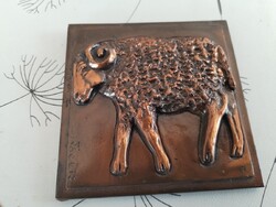 (VBL3) Rácz Edit jelzett bronz fali dísz horoszkóp - Kos 11x11 cm