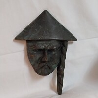 Vintage ázsiai bronz falidísz / kínaizáló fém fali maszk