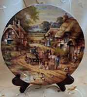 Vidéki jelenetes porcelán falitányér, lovas dísztányér 4 (L5208)