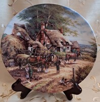 Vidéki jelenetes porcelán falitányér, lovas dísztányér 2 (L5205)