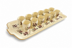 Zsolnay 12 személyes porcelán pálinkás készlet, eredeti tálcával