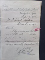 1905 National Provincial Bank of England – részvényosztalék jóváírásáról szóló banki levél