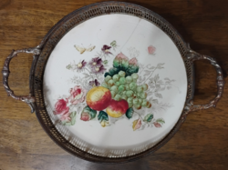 Antik szecessziós (Jugendstil) porcelán kínálótál / tálca – kb. 1895–1910  gyümölcsös fém keretben