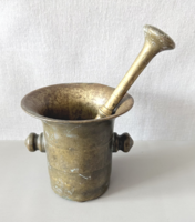 Antik, masszív sárgaréz mozsár eredeti törőjével (közel 3 kg!) 14/15 cm