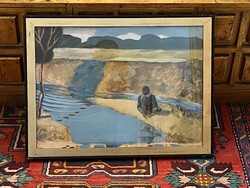KAPOS NÁNDOR JELZÉSŰ, FIÚ A TÓPARTON, FESTMÉNY EREDETI KERETBEN 49.5 x 65.5 CM