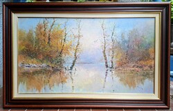 Őszi reggel 90x60 cm + szép keret! Kitűnő színek, Pántl László alkotása - Színes vízparti táj fákkal