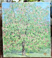 Bolza Marietta: Virágzó fa (olaj-vászon 60x50 cm tájkép) Nyári, színes tájkép