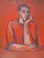 Mizser Pál: Könyöklő portré piros felsőben (olajfestmény 80x60 cm) vörös háttér - váci festő