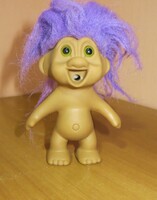 Régi retro TN'T Troll baba 1991 lila hajú, zöld szemű 11 cm
