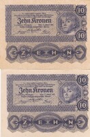 10 Korona 1922  Sorszámkövető 2 db egyben   A képen látható Szép állapotban